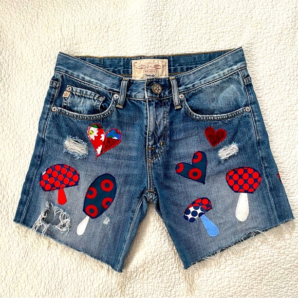 phish mushroom jorts cutoffs patchwork appliqué upcycled fishman donuts ⭕️💙♻️🌻 - Picture 1 of 9